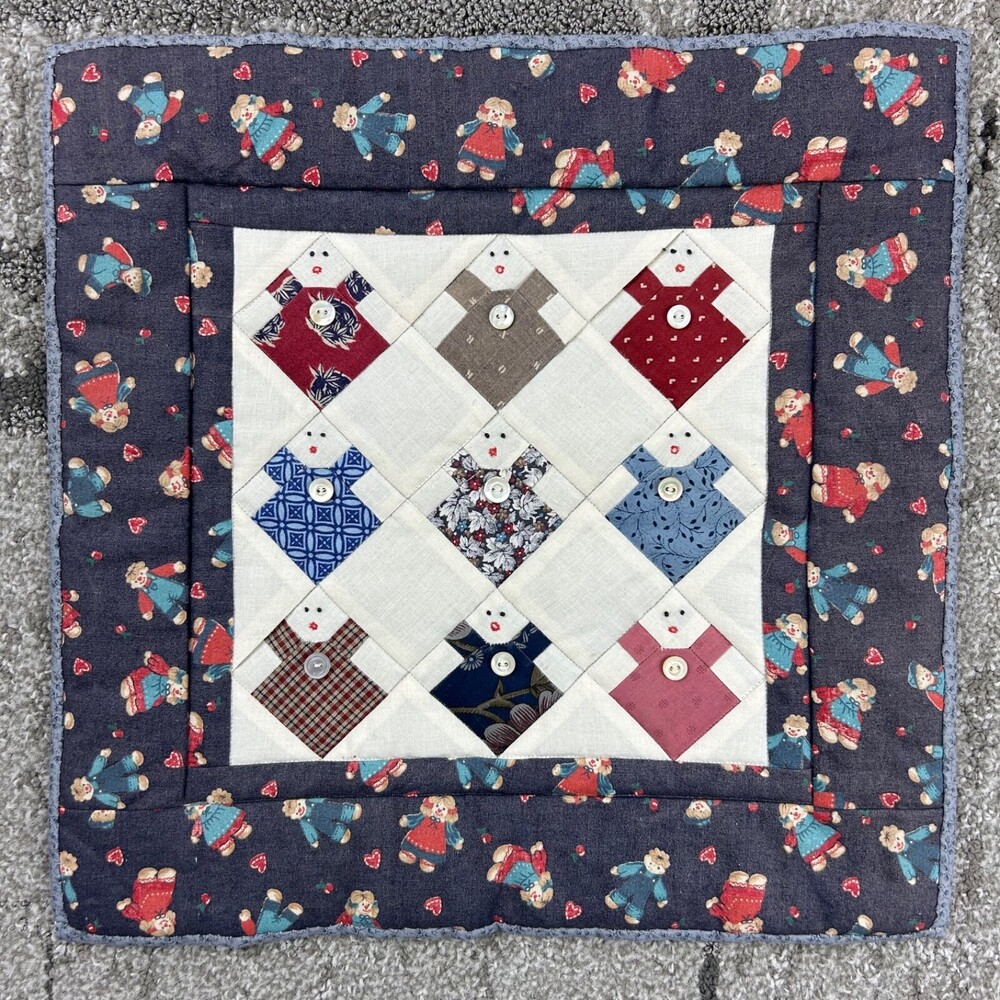 Vintage 90s Handmade Quilt Block Doll Patch Pattern Wall Art Sampler Blues Reds